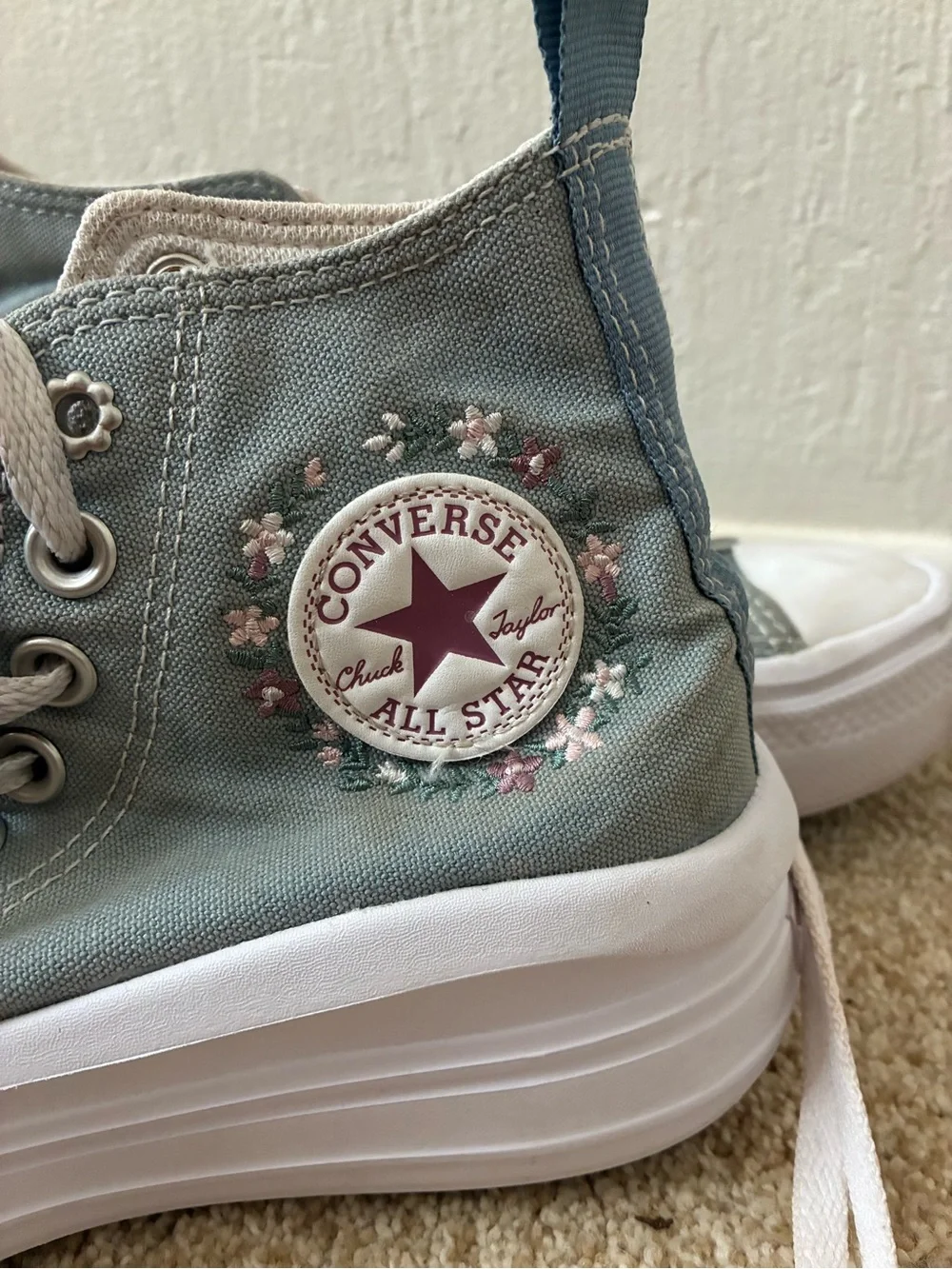 Converse Sage Green High-Top Platform Sneakers with Floral Patch kids size 3.5